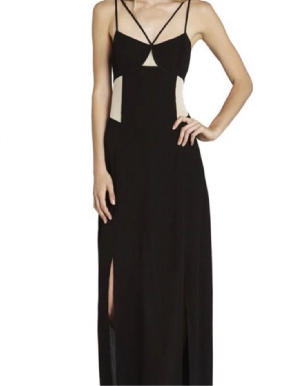 BCBG Mesh Cutout Panel Gauzy Flowy Adjustable Strap Maxi Dress
